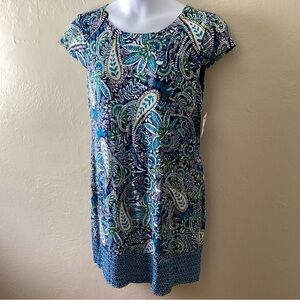 Liz Claiborne Navy and Teal Paisley Dress NWT L